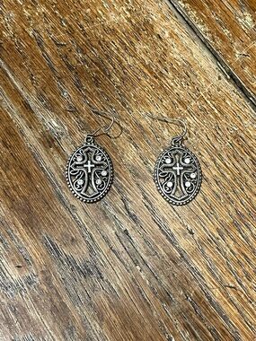 Silver Finish Cross Oval Drop Earrings - Women Jewelry